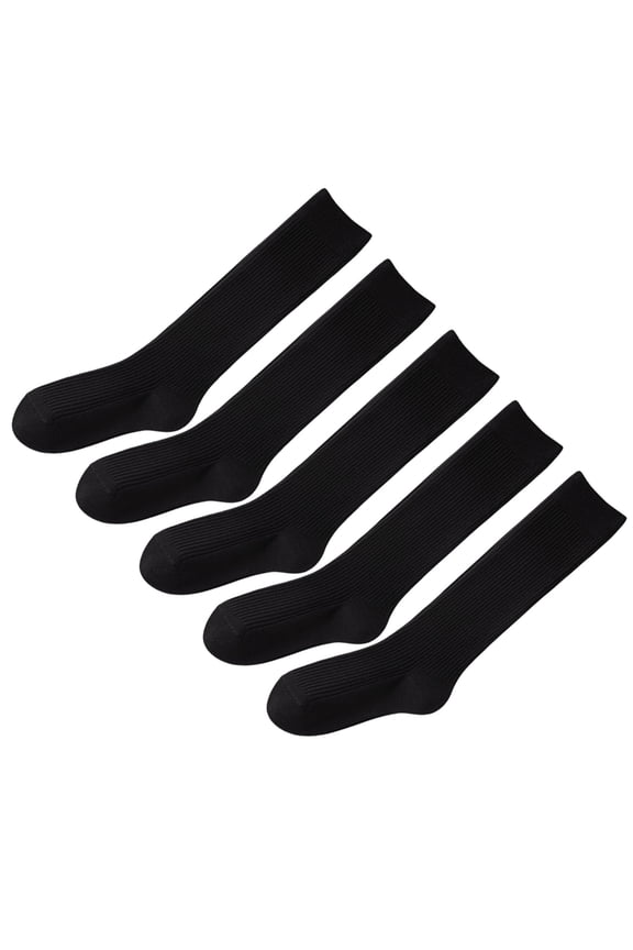 Elegant Knee Length Socks 5 Pairs Rib Knitted Cotton Striped Preppy Look Socks