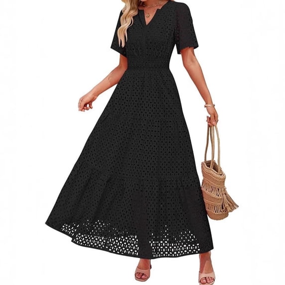 Aellinatey Elegant Maxi Dress Women Short Sleeve V Neck Eyelet Summer A Line Swing Dress