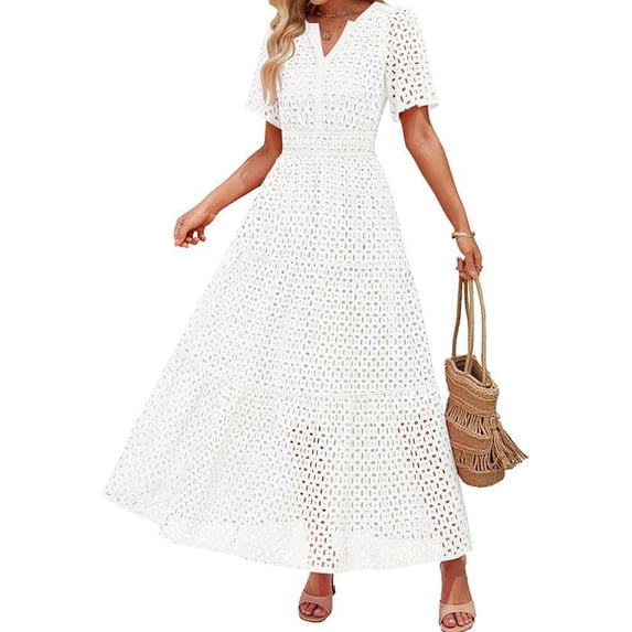 Aellinatey Elegant Maxi Dress Women Short Sleeve V Neck Eyelet Summer A Line Swing Dress