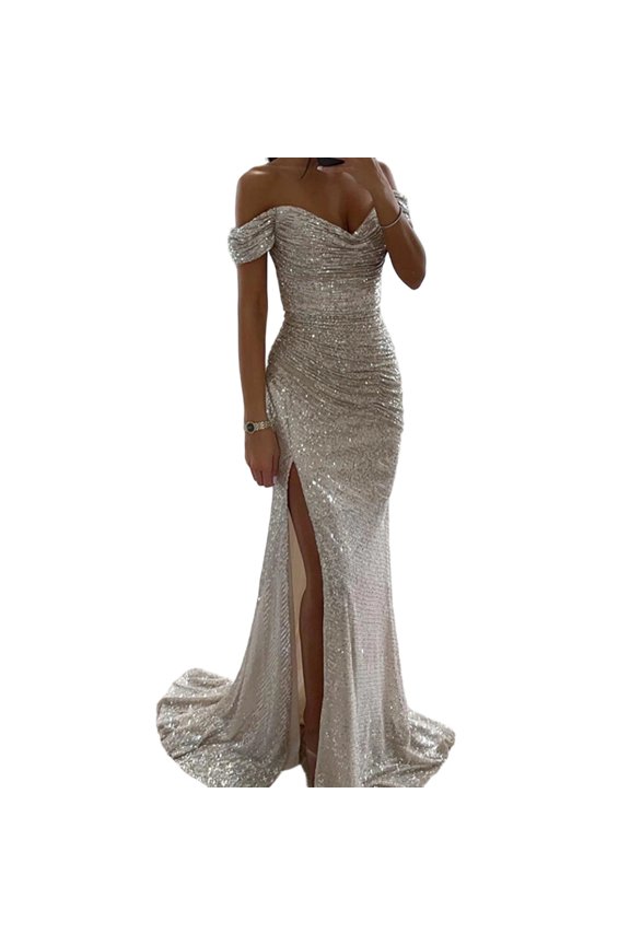 Elegant Sequins Dress For Women Polyester Fabric Split Leg Design Comfort