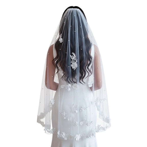 Aellinatey Embroidered Floral Bridal Veils With Beadwork Pearls For Beach Church Weddings