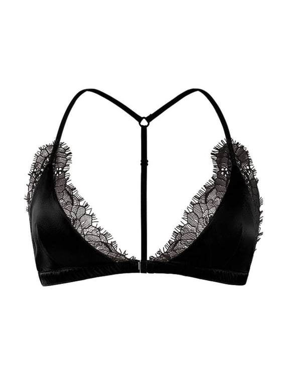 Eyelash Lace Bra Wireless Padded Triangle Bralettes Front Closure Halter Bras
