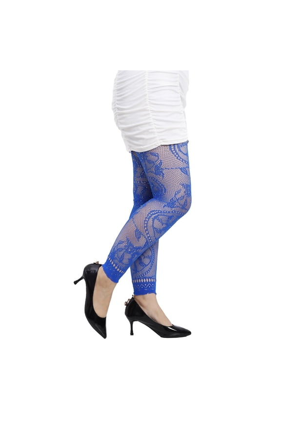 Fishnet Leggings Floral Patterned Rhinestones Footless Ankle Tights for Womens