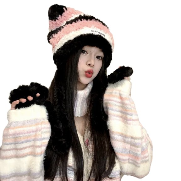 Aellinatey Halloween Kitten Ear Knit Beanie Hat Striped Party Holiday Winter Warm Hat