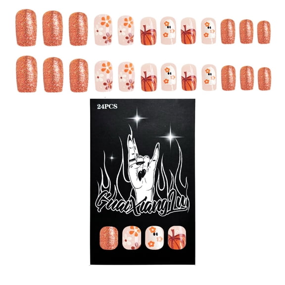 Aellinatey Halloween Press on Nail 24Pcs Medium Square Pumpkin Thanksgiving False Nail