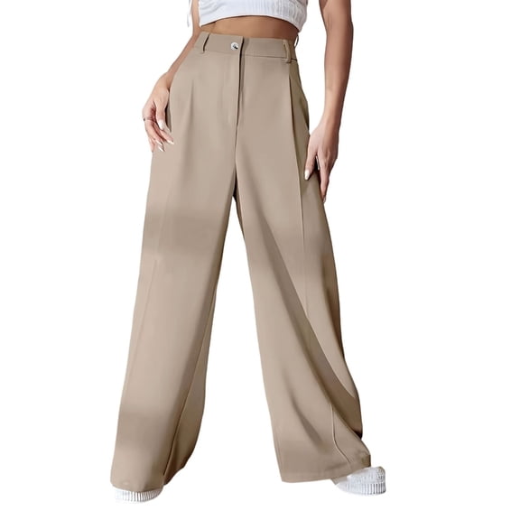 Aellinatey High elastic casual solid color high waist zipper elegant button straight pants