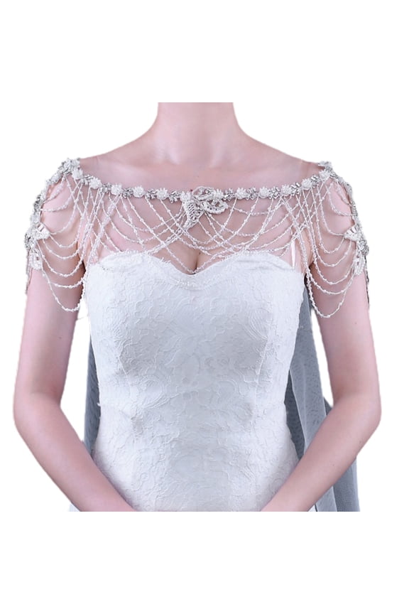 Imitation Pearl Body Statement Necklace for Rhinestone Crystal Beading Chain Bib Collar Wedding Bride Shoulder Shawl Wra