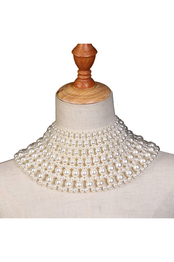 Jewelry Bib Choker Necklace Fanshaped Faux Pearl Beaded Body Chain Shawl Collar