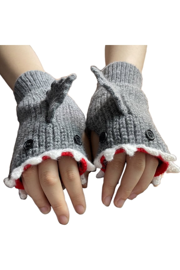 Knitted Glove Winter Half Finger Mitten Stretchy Cartoon Shark Riding Glove