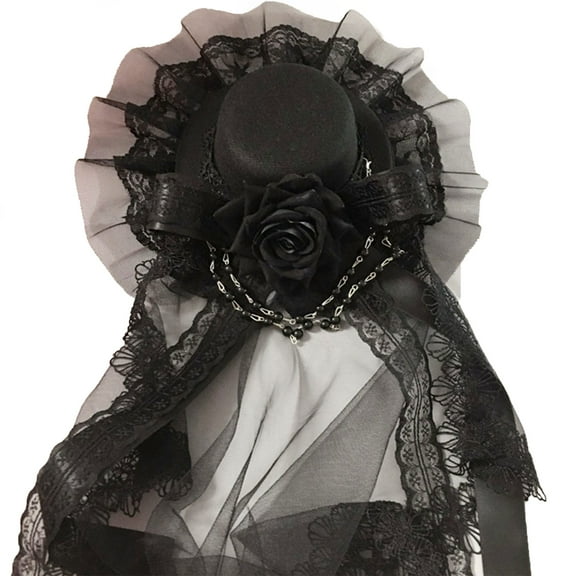 Aellinatey Lace Bridal Veil Lolita Hat Halloween Gothic Headwear Black Veil Small Hat