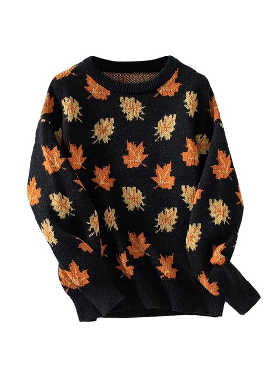 Maple Leaf Knitted Jumper Top for Women Long Sleeve Crewneck Pullover Sweater