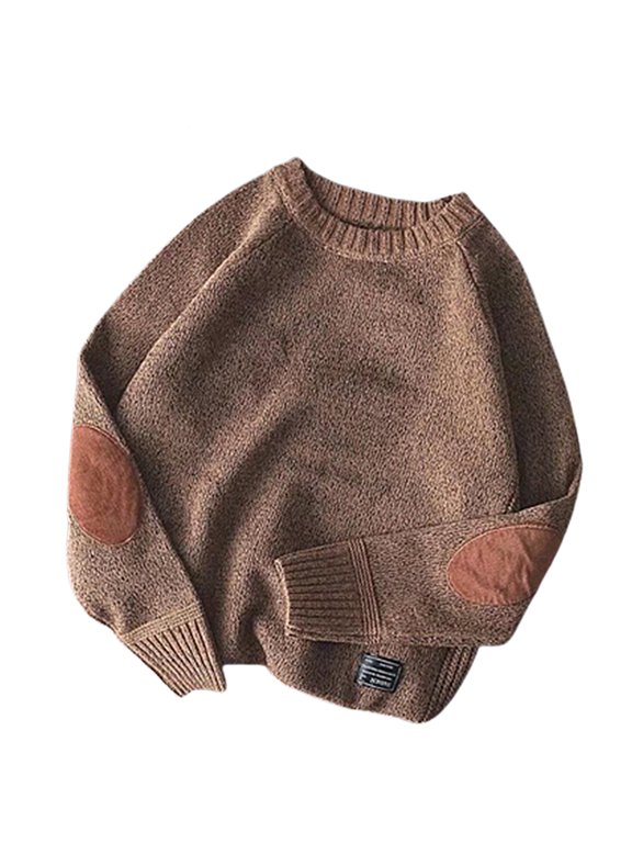Men Thick Chunky Knit Long Sleeve Sweater Vintage Elbow Patch Loose Jumper Top