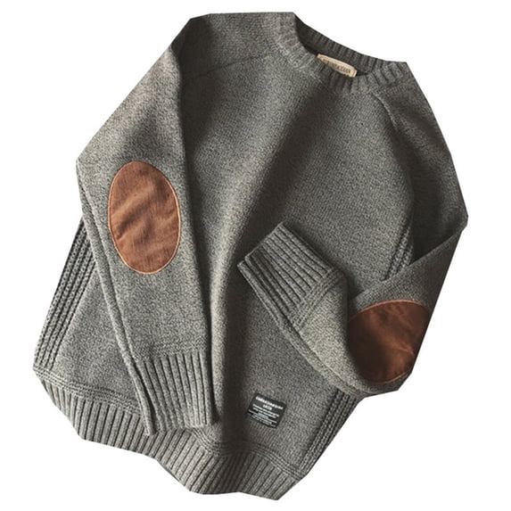 Aellinatey Men Thick Chunky Knit Long Sleeve Sweater Vintage Elbow Patch Loose Jumper Top