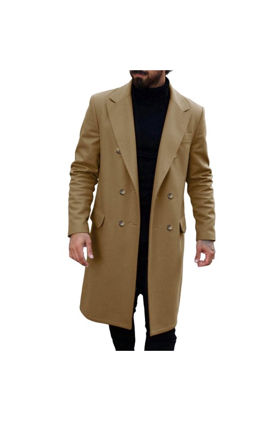 Mens Double Breasted Trench Coat Notched Lapel Mid Long Peacoat Winter Casual Business Overcoat