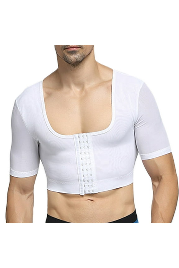 Mens Mesh Shapewear Gynecomastia Compression Shirts Chest Binder Crop Top Short Sleeve Adjustable Body Shaper for Cross Back Tights
