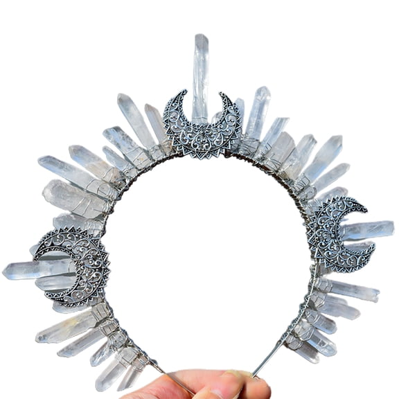 Aellinatey Natural for Raw Crystal Quartz Jewelry Tiara Headband Retro Metal Moon Witch Wizard Crown Wedding Bridal for Sun Goddess Headdress Photo Props