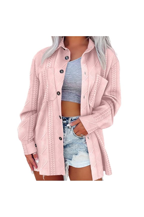 Oversized Shacket Jacket for Women Button Down Shirt Cable Textured Casual Long Sleeve Loose Jacket