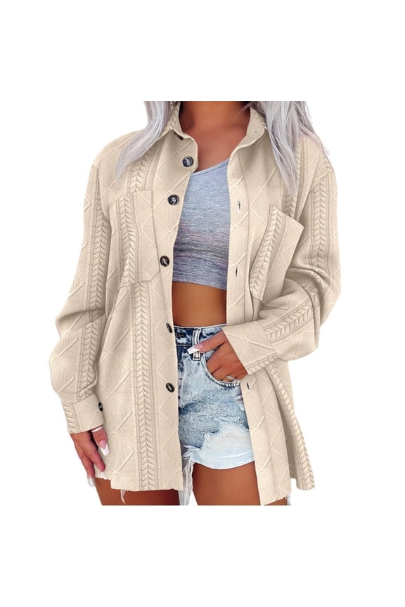 Oversized Shacket Jacket for Women Button Down Shirt Cable Textured Casual Long Sleeve Loose Jacket