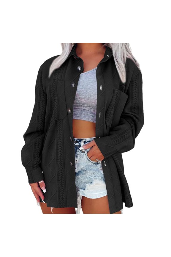 Oversized Shacket Jacket for Women Button Down Shirt Cable Textured Casual Long Sleeve Loose Jacket