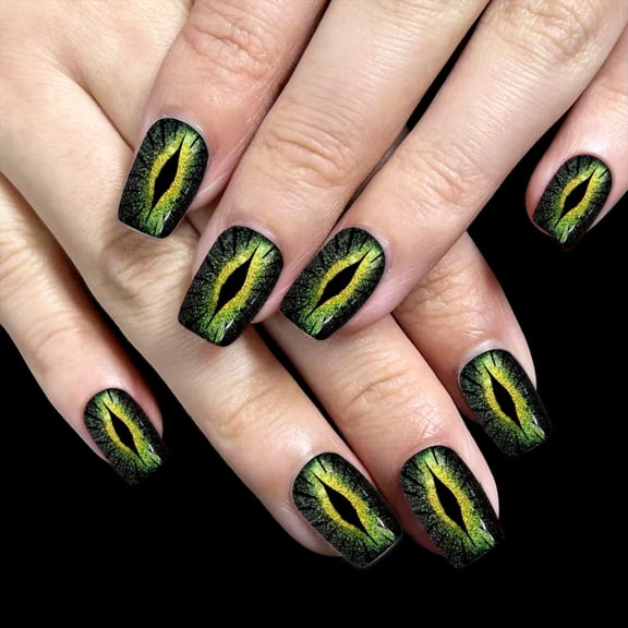 Aellinatey Pack of 30 Square Shape Press on False Nail In Shimmery with Devil Eye Pattern