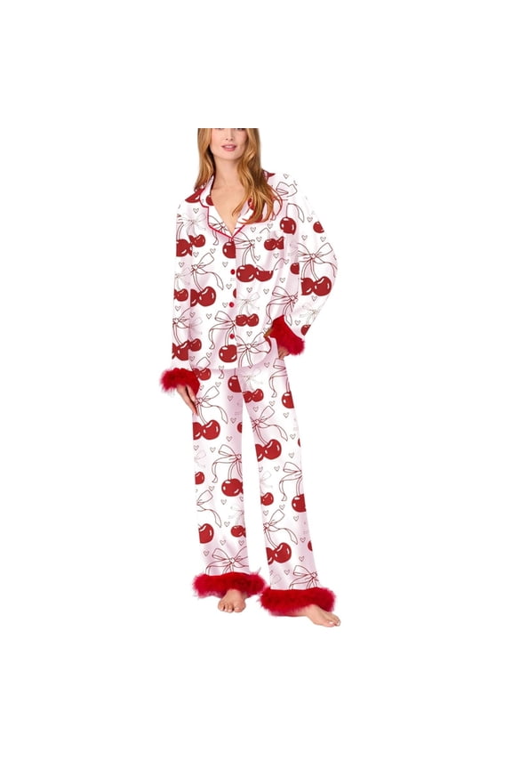 Pajamas for Women Set Silk Satin Feather Bow Heart Womens Pajama Sets 2 Piece Pjs Sleepwear Long Sleeve Shirts Pants