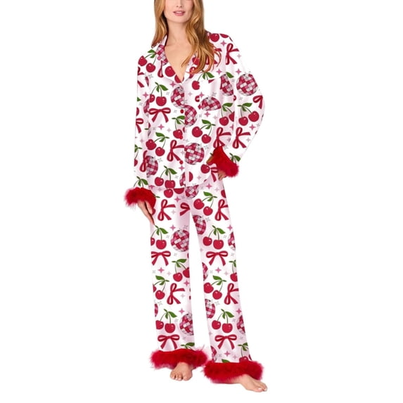 Aellinatey Pajamas for Women Set Silk Satin Feather Bow Heart Womens Pajama Sets 2 Piece Pjs Sleepwear Long Sleeve Shirts Pants