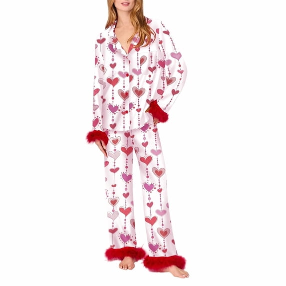 Aellinatey Pajamas for Women Set Silk Satin Feather Bow Heart Womens Pajama Sets 2 Piece Pjs Sleepwear Long Sleeve Shirts Pants