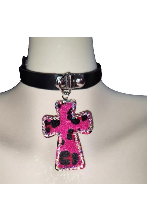 Pink Leopard Print Cross Pendant Choker Necklace Sexy Cross Choker Necklace