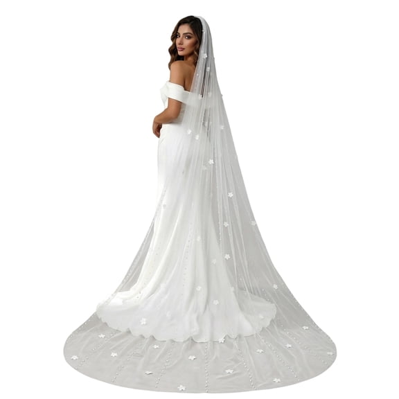 Aellinatey Romance Bridal Veils With Floral Pearls Extra Long Train Length Cathedral Veils
