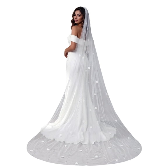 Aellinatey Romance Bridal Veils With Floral Pearls Extra Long Train Length Cathedral Veils