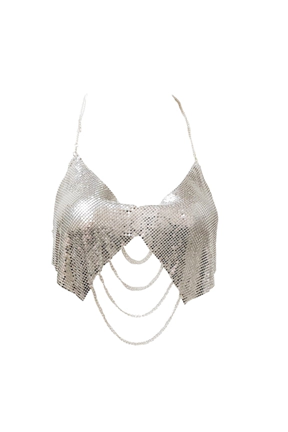 Sequins Halter Deep V Neck Backless Crop Tank Tops Club Party Raves Outfits