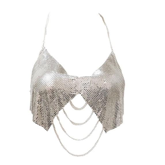 Aellinatey Sequins Halter Deep V Neck Backless Crop Tank Tops Club Party Raves Outfits