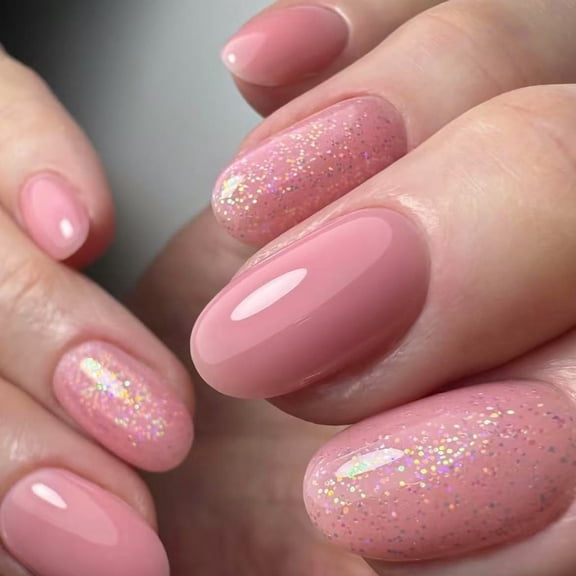 Aellinatey Short Oval Glossy Press On Nail 24 Pcs Artificial Nail With Glitters Design