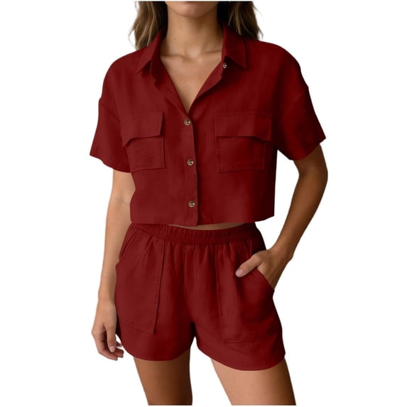 Aellinatey Shorts Sets For Women 2 Piece Casual Short Sleeve Button Down Blouses Shirts And Shorts Set With Pockets