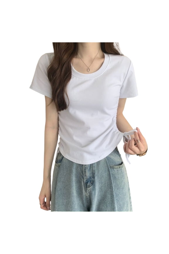 Simple Solid Color T-Shirt Short Sleeve Ruched Drawstring Crop Top for Women