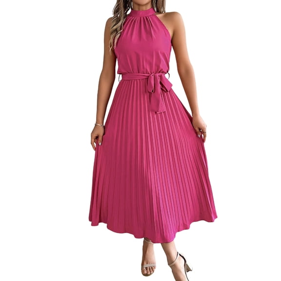 Aellinatey Sleeveless dress, casual round neck, pleated A-line swing long party dress