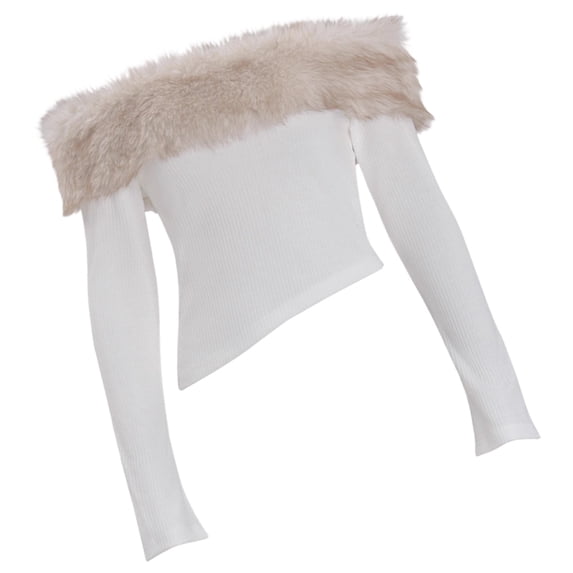 Aellinatey Slim Fit Faux Furs Off Shoulder Long Sleeve T-Shirt Ribbed Knit Top for Women