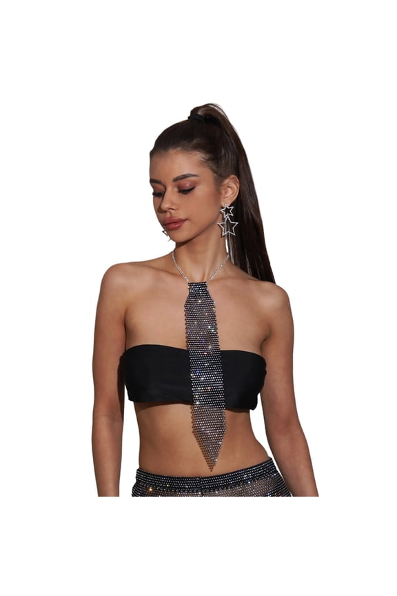 Sparkly Rhinestones Crystal Necktie with Adjustable Extended Chain for Womens