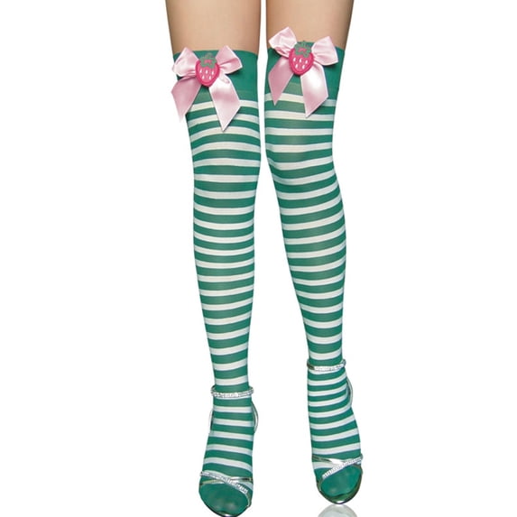 Aellinatey Strawberry Bows Ribbed Over Knee Socks Women Christmas Striped Long Stockings