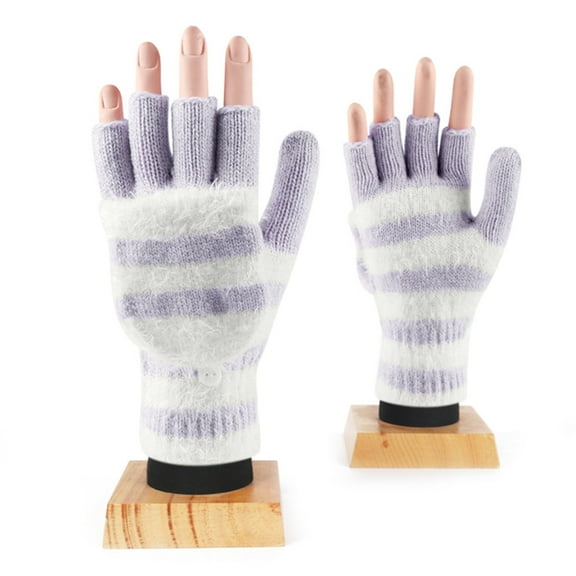 Aellinatey Striped Pattern Glove Plush Fingerless Mittens with Flip Top Knitted Gloves