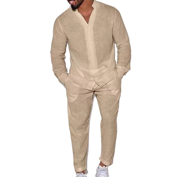 Aellinatey Stylish Men's Plain Linen Clothing Set for Office Commute and Outdoor Activity