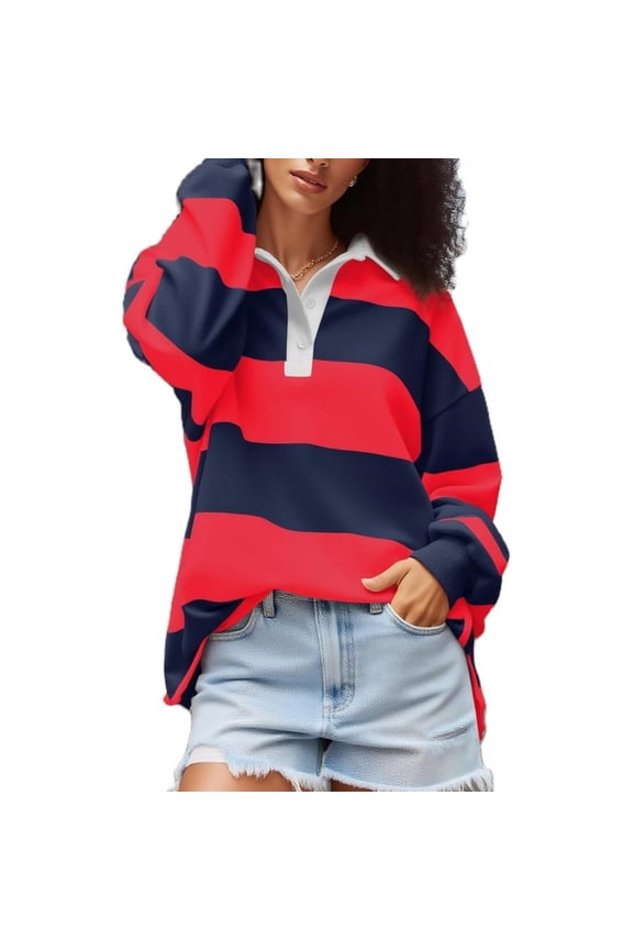 Tops Women Long Sleeve Oversized Graphic Shirt Loose Rugby Collared Jersey Preppy Pullover Tee