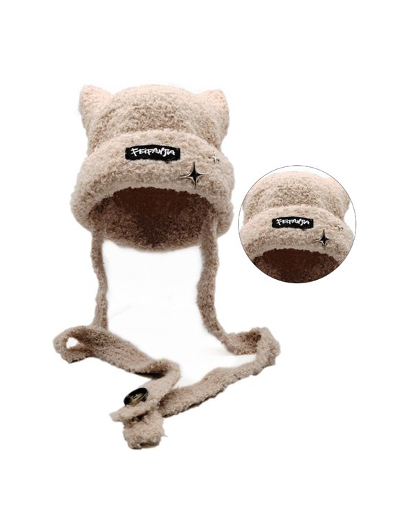 Trendy Crochet Cat Ear Trapper Hat for Woman Camping Travel Knit Beanie Hat