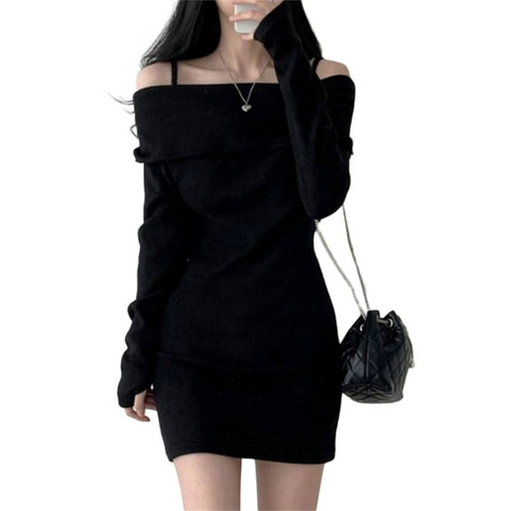 Aellinatey Trendy off Shoulder Sweater Mini Dress Solid Color Long Sleeve Knit Dresses
