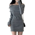 thumbnail image 1 of Aellinatey Trendy off Shoulder Sweater Mini Dress Solid Color Long Sleeve Knit Dresses, 1 of 16