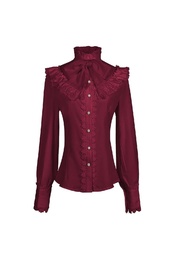 Victorian Renaissance Ruffled Lace Blouse Steampunk Long Sleeve Bows Tie Shirt