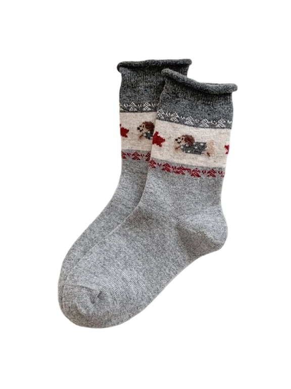 Winter Crew Socks For Women Knitted Rolled Cuffs Dog Pattern Wool Fall Socks