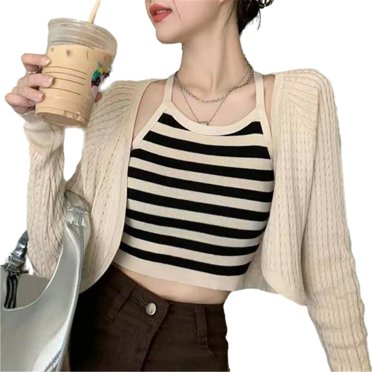 Aellinatey Women 2 Pieces Open Front Knit Long Sleeve Cardigan with Striped Cami Crop Tops