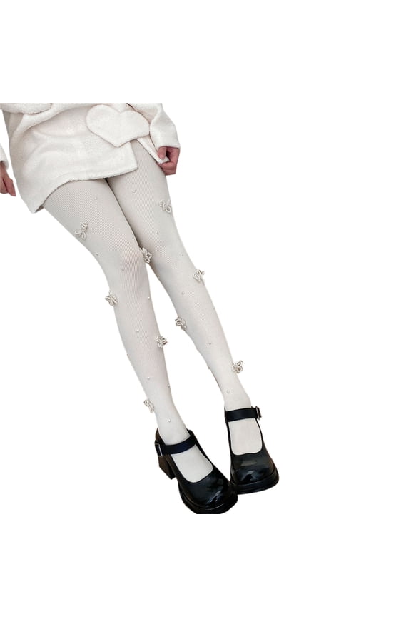 Women Autumn Ribbed Opaque Pantyhose Sweet Imitation Pearl Bowknot Beaded Tights Lolita Kawaii Solid Color Leggings Stockings Clubwear