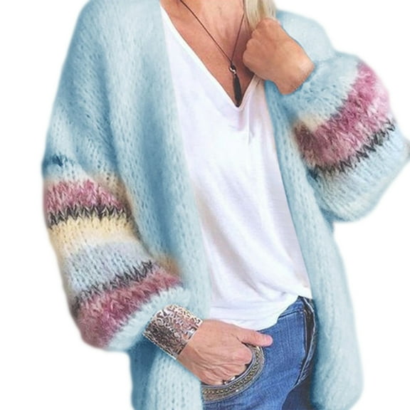 Aellinatey Women Autumn Warm Mohair Knitted Cardigan Candy Color Open Front Sweater Coat Striped Lantern Long Sleeve Loose Outwear
